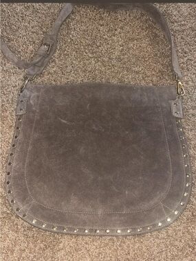 Suede Studded Saddle Shoulder Bag - Gray